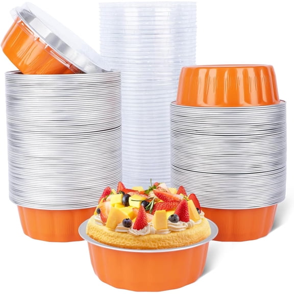 8 oz 4 Inch Mini Aluminum Foil Baking Cups with Lids 120 Pack Orange