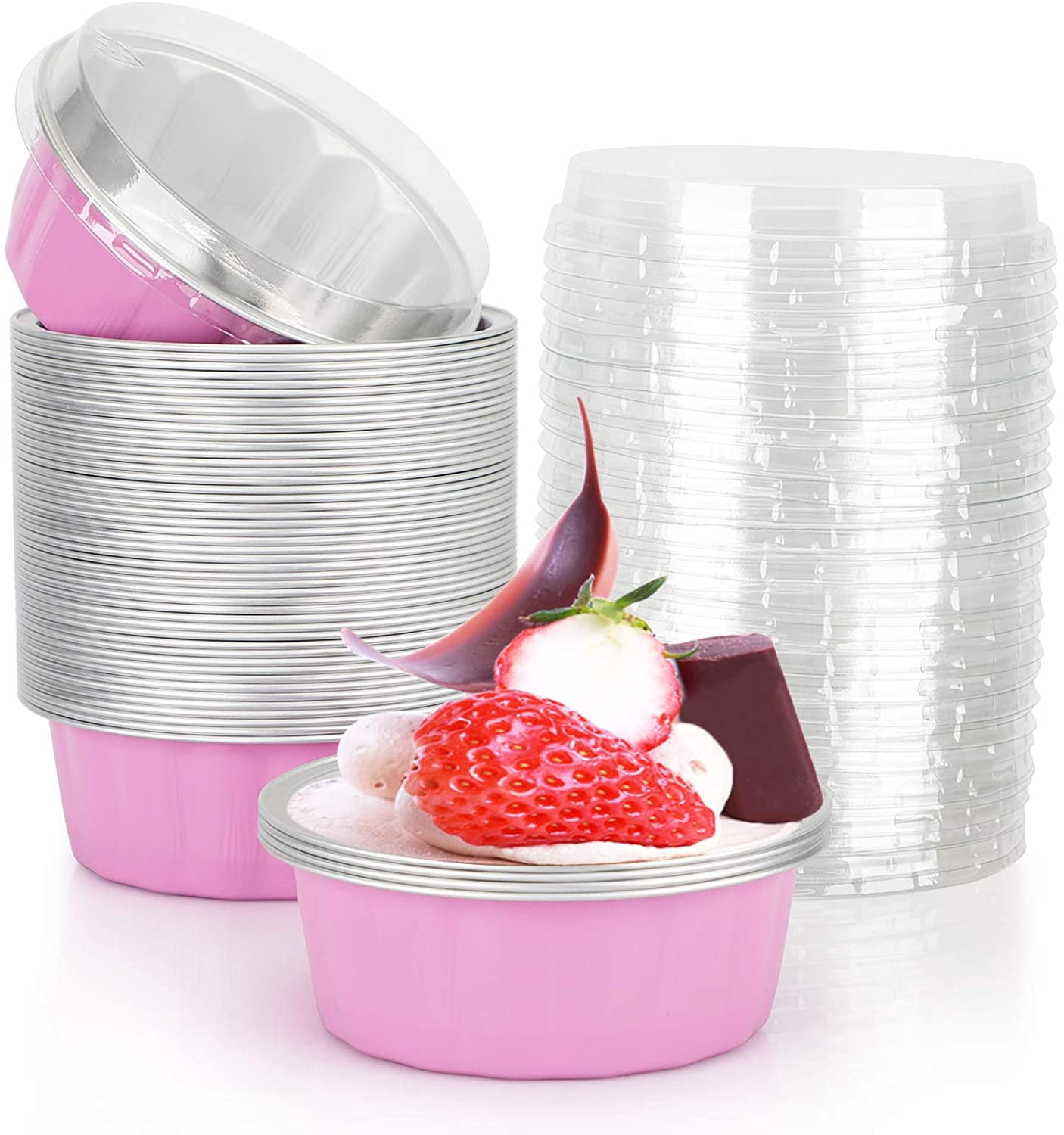 Foil Ramekins With Lids - Disposable Pink Baking Cups, Oven-Safe Mini Containers For Portioning