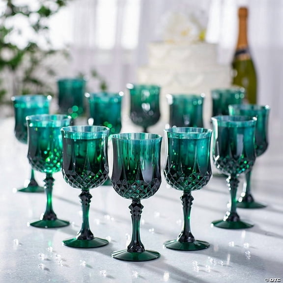 8 oz. Bulk 48 Count Christmas Green Patterned Reusable Plastic Wine Glasses