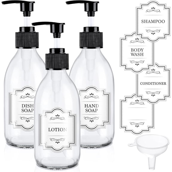 8 oz Clear Glass Pump Bottle, 250ml Small Lotion Dispenser Bottle for Massage Oil, Refillable Empty Hand and Dish Soap Dispensers Set with Labels - 3 Pack