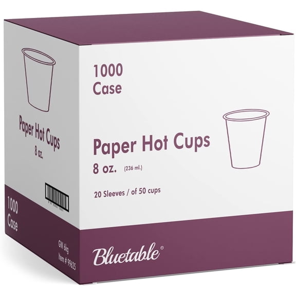 8 oz Coffee Cups Bulk Hot Cups (1000 Case) - Paper Cups 8oz Large Pack Cups for Office - Hot Drink Cups for Dispenser To Go Paper Cup White