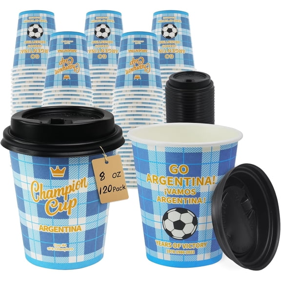 8 oz Disposable Paper Party Cups with Lids Compostable and Plastic-Free Argentina Design 120 Sets