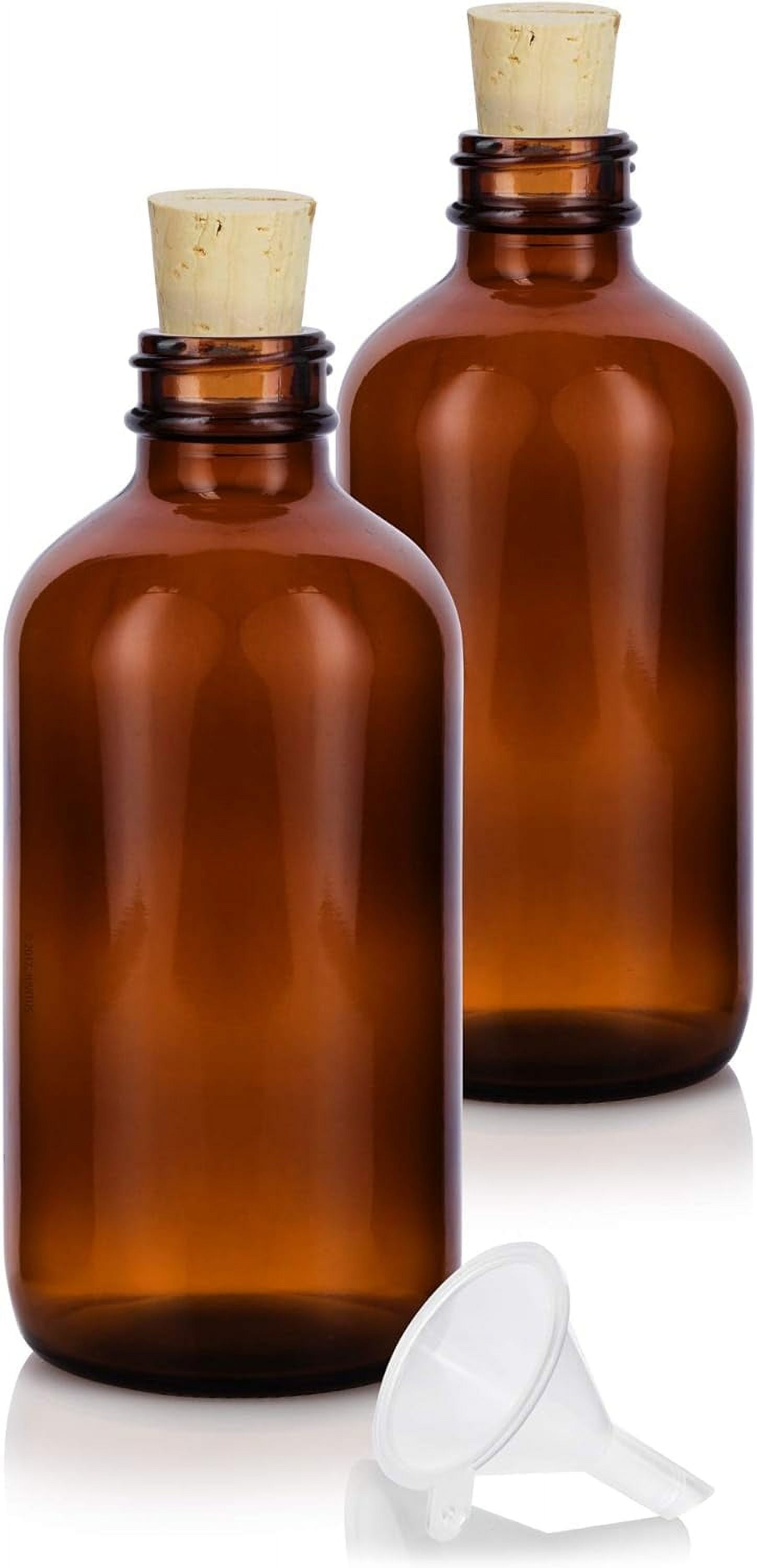 8 oz Glass Round Bottle with Cork Stopper Closure (2 Pack) + Funnel