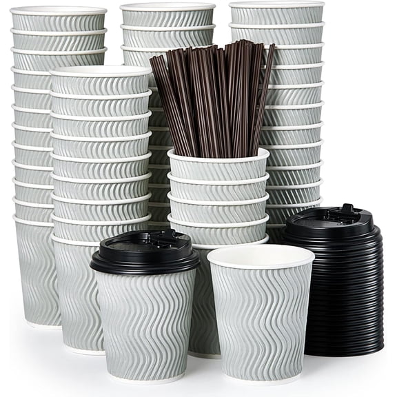 8 oz Insulated Ripple Paper Coffee Cups with Lids and Straws 100 Count