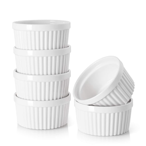 8 oz Ramekins Oven Safe for Creme Brulee, Souffle Dish Baking Bowls, Custard Cups for Pudding Dips Sauce Dessert Yogurt Ice Cream, Ceramic Ramiken Set of 6, Soft White