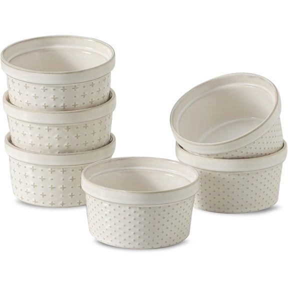 8 oz Ramekins Oven Safe Set of 6, Souffle Dish Baking Bowls, Ceramic Creme Brulee Ramekins Bowl, Custard Dessert Cups for Pudding Yogurt Ice Cream, Glazed White