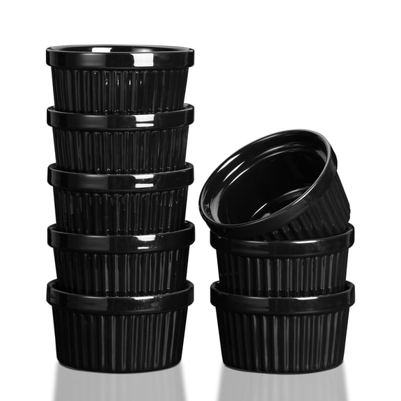 8 oz Ramekins Set of 8,Oven Safe Baking Bowls for Creme Brulee & Souffle,Ceramic Dipping Sauce Cups for Creme Brulee,Pudding,Desserts,Appetizers,Uniform Black Inside and Out
