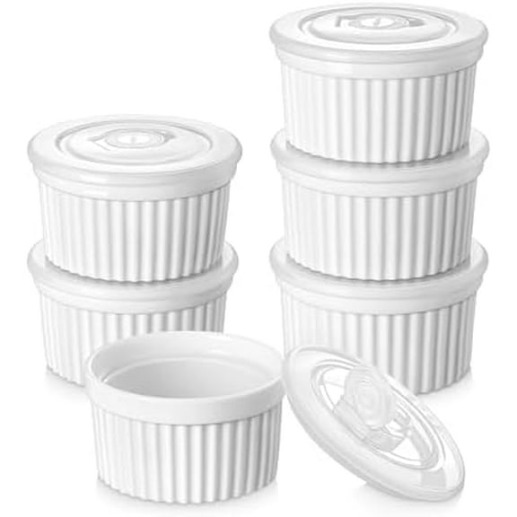 8 oz Ramekins with Lid, Porcelain Creme Brulee Souffle Dishes, White Pudding Custard Cups Ramiken for Baking, Dishwasher and Oven Safe, Set of 6