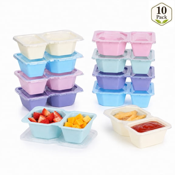 8 oz Snack Containers with Lids 10 Pack (20 Compartments) Portion control, Snack Pack Containers 2 Double Compartment Snack Containers On the Go Meals, Camping Snack Tray Prep,5-Color Bundle