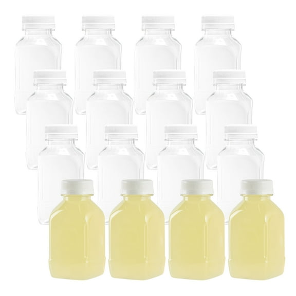 Bottle Tek 8 oz Square Clear Plastic Cold Pressed Juice Bottle - with Safety Cap - 2 1/4" x 2 1/4" x 4 3/4" - 100 count box