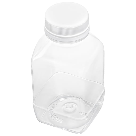 Bottle Tek 8 oz Square Clear Plastic Cold Pressed Juice Bottle - with Safety Cap - 2 1/4" x 2 1/4" x 4 3/4" - 100 count box