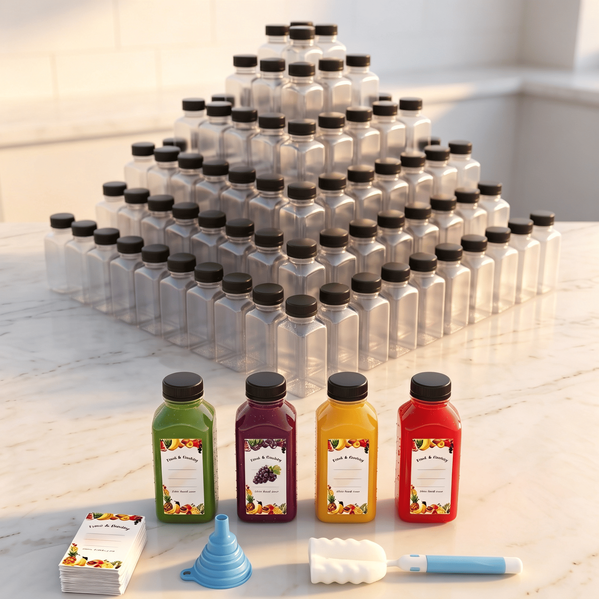 8 oz Square Plastic Juice Bottles with Lids, 150 Pcs Clear PET Beverage Containers with Funnel, Cleaning Brush and DIY Labels for Smoothies and Drinks