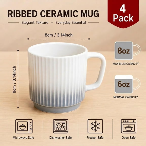 8 oz Stackable Coffee Mugs Set of 4, Ceramic Coffee Mugs Cappuccino Cups Set for Hot Drinks, Latte, Cappuccino, Cocoa & Tea, Catering Mugs Cup Set for Home & Office Use, Gift for Coffee Lovers