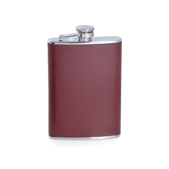 8 oz. Stainless Steel Burgundy Leather Flask with Captive Cap and Durable Rubber Seal.