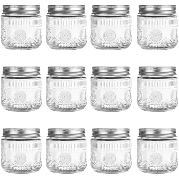 8 oz Vintage Mason Jars with Lids, Regular Mouth Canning Jar, Safe For Storage, Canning, Pickling, Preserving, Fermenting, DIY Crafts & Decor 12 Pack