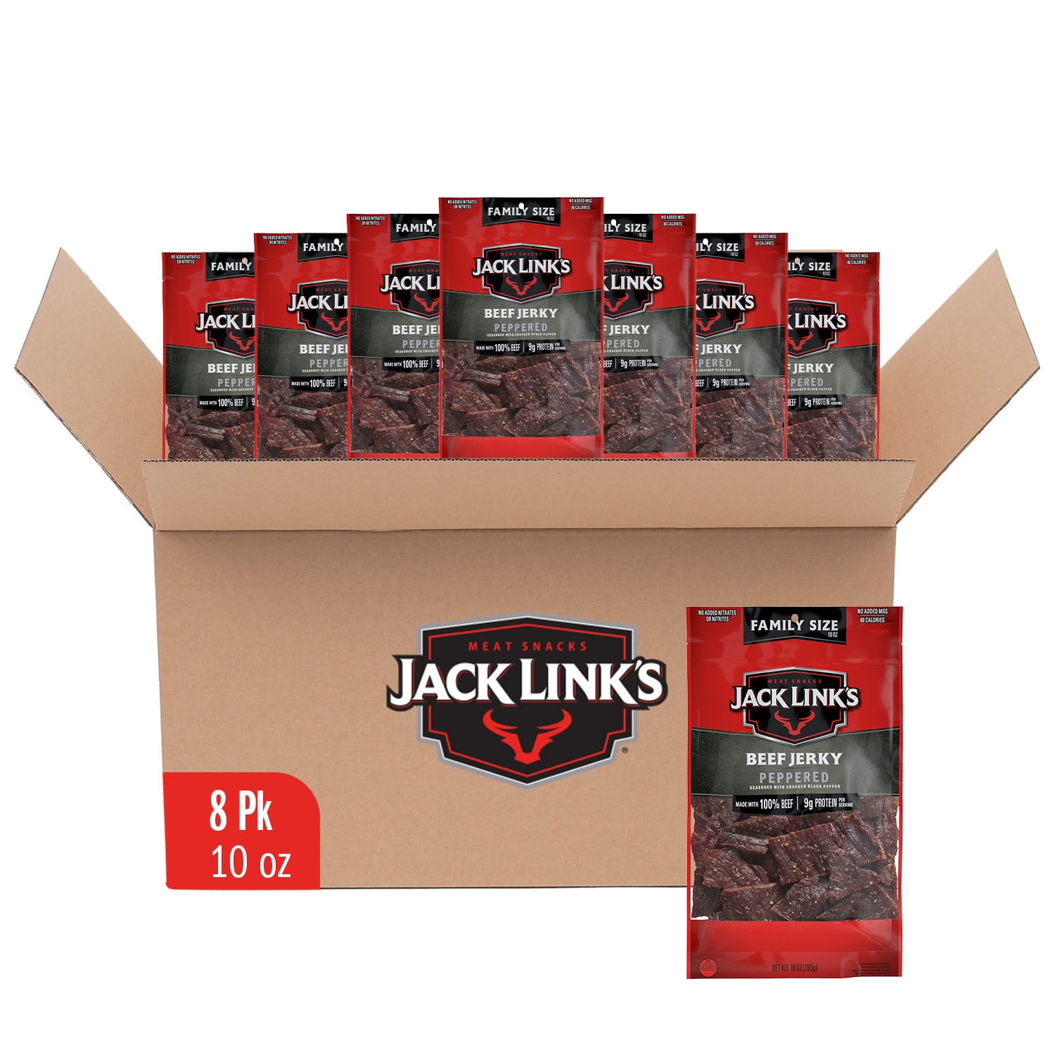 (8 pack) Jack Link’s Beef Jerky, Peppered, Made with 100% Beef, 9g of Protein per Serving, 10 Ounce Bag