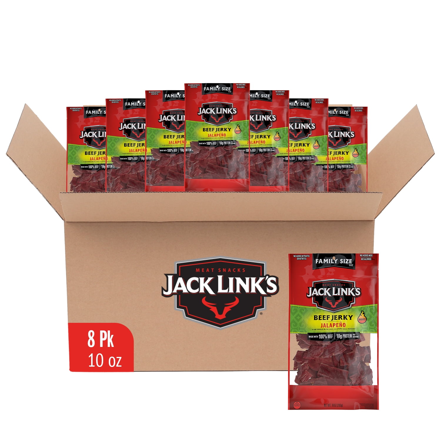 (8 pack) Jack Link’s Spicy Beef Jerky, Jalapeño, Made With 100% Beef, 10g of Protein per Serving, 10 Ounce Bulk Bag