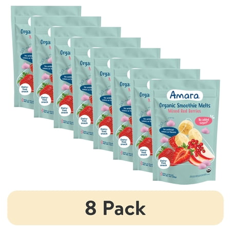 (8 pack) Amara Organic Smoothie Melts, Mixed Red Berries, Baby & Toddler Snacks, No Added Sugar, Baby Food Stage 2, 1 oz Bag