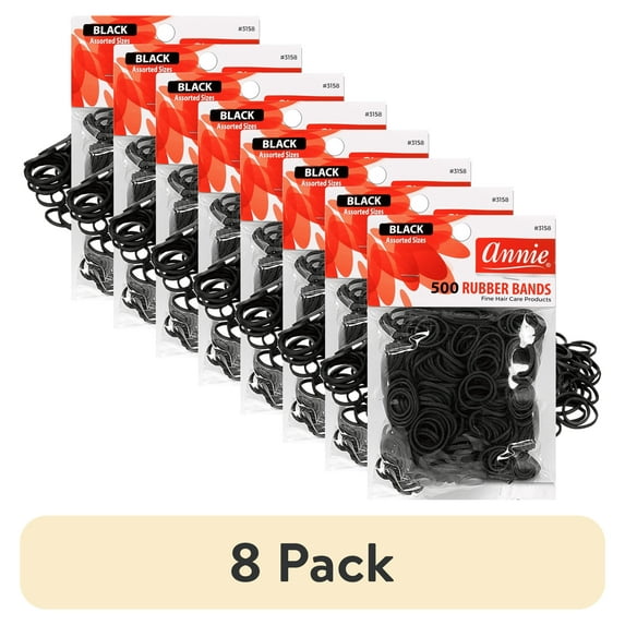 (8 pack) Annie Rubber Bands Assorted Sizes, 500 Piece Hair Ties, Black