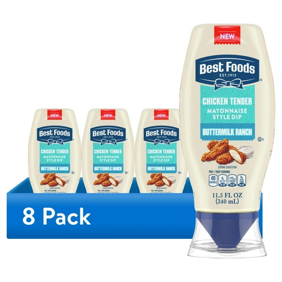 (8 pack) Best Foods Buttermilk Ranch Chicken Tender Mayonnaise Style Dipping Sauce, 11.5 fl oz Squeeze Bottle