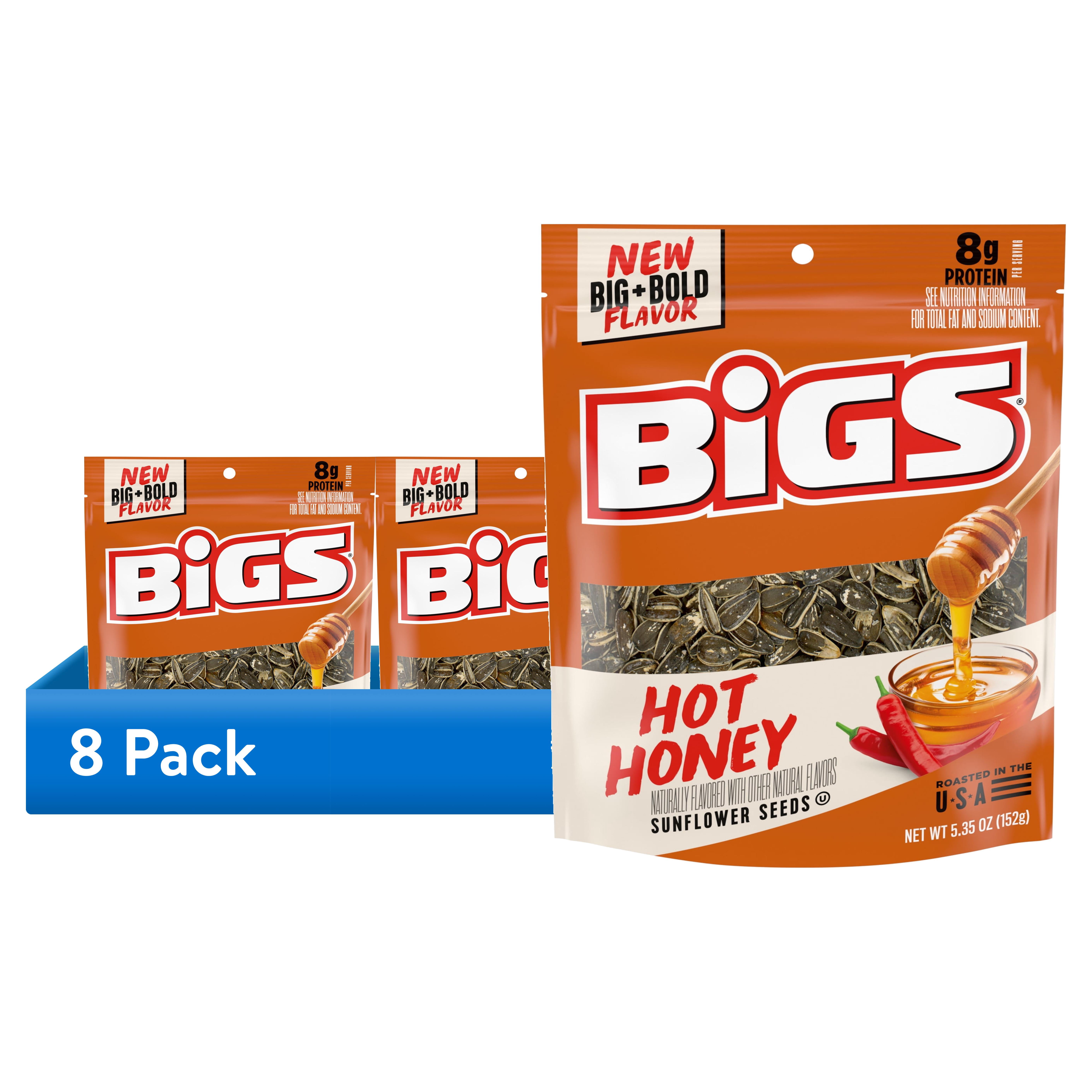 (8 pack) BIGS Hot Honey Naturally Flavored Sunflower Seeds, Resealable Bag, 5.35 oz.