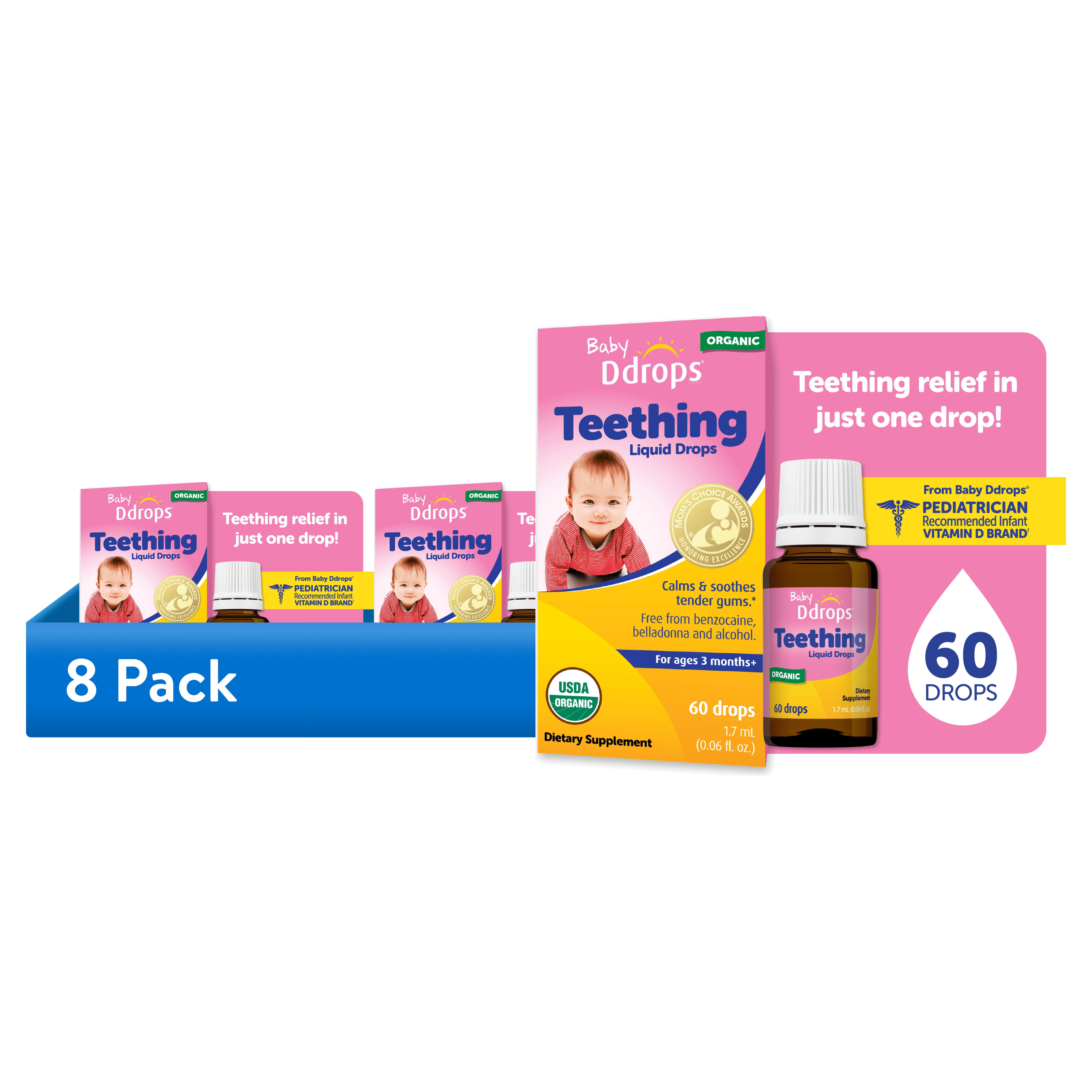 (8 pack) Baby Ddrops Liquid Organic Teething Relief Drops - Homeopathic Remedy for Gum Comfort, 0.06 fl oz