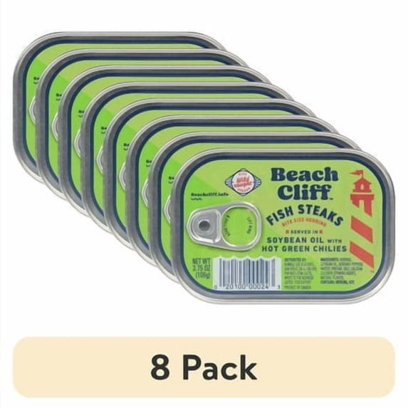 (8 pack) Beach Cliff Wild Caught Fish Steaks in Soybean Oil with Hot Green Chilies, Gluten Free, 16g Protein Per Serving, Bite Sized Herring, Shelf Stable Tin Can, 3.75 oz
