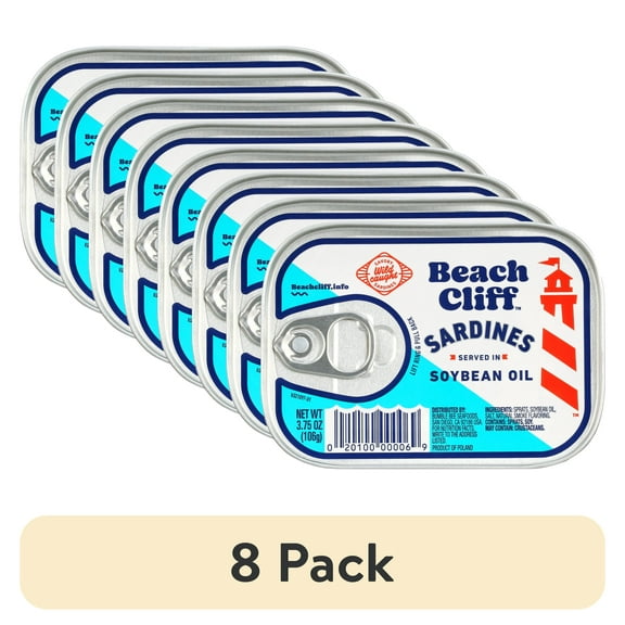 (8 pack) Beach Cliff Wild Caught Sardines in Soybean Oil, Gluten Free, 14g Protein Per Serving, Shelf Stable Tin Can, 3.75 oz