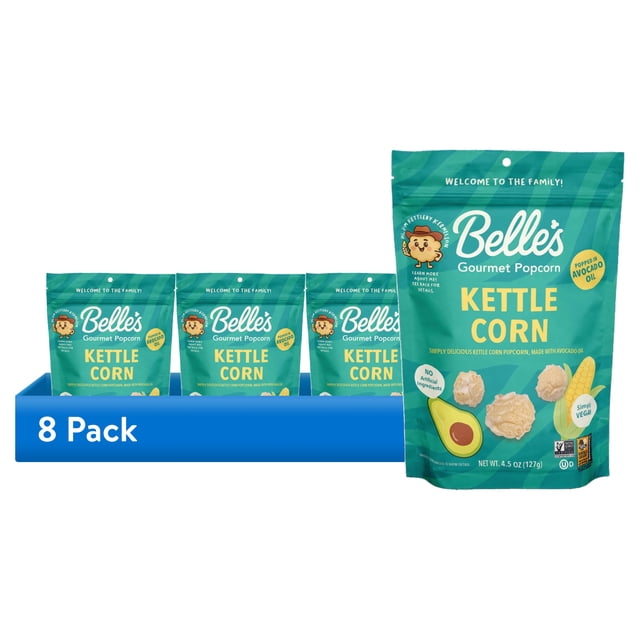 (8 pack) Belle's Gourmet Popcorn Kettle Corn Popped with Avocado Oil, 4 ...