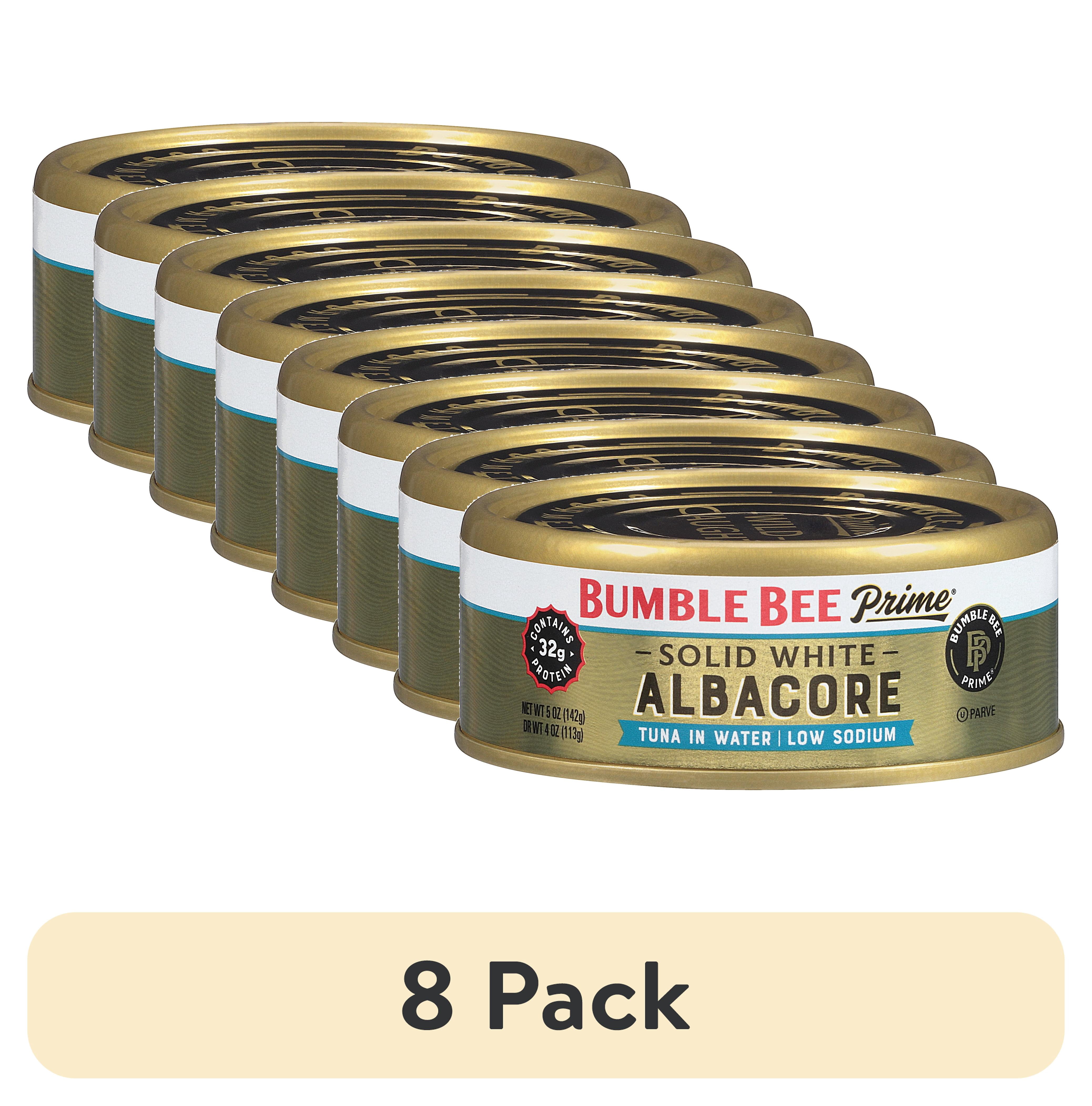 (8 pack) Bumble Bee Prime Low Sodium Solid White Albacore Tuna in Water, Wild Caught, Gluten Free, 32g Protein per Serving, Shelf Stable Can, 5oz