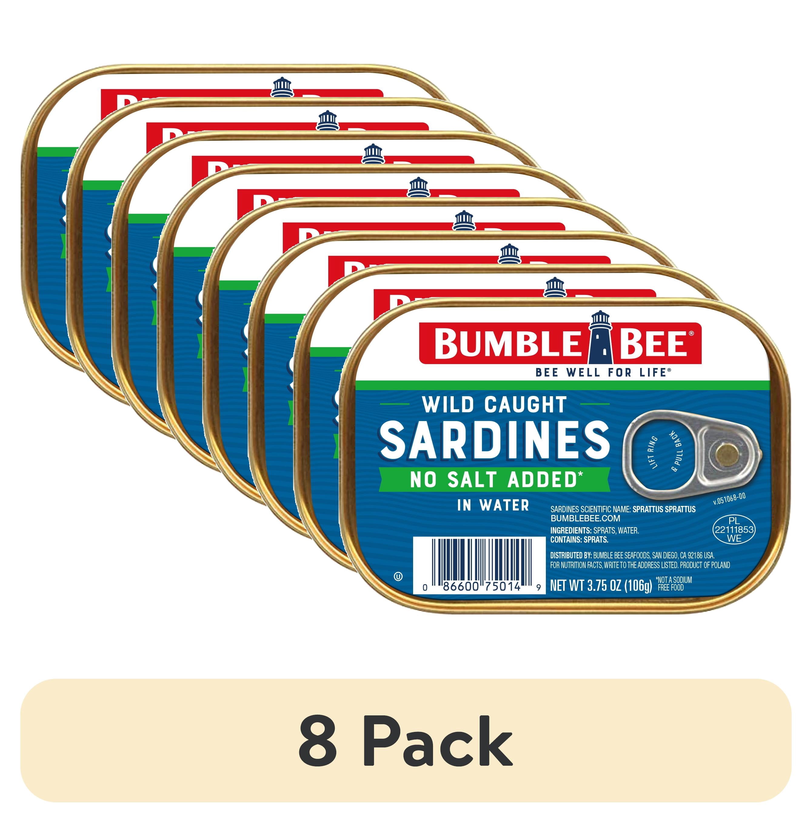 (8 pack) Bumble Bee Sardines in Water with No Salt Added, Wild Caught, Gluten Free, 12g Protein per Serving, Shelf Stable Tin Can, 3.75 oz