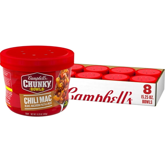 (8 pack) Campbells Chunky Soup, Chili Mac Soup, 15.25 oz Microwavable Bowl