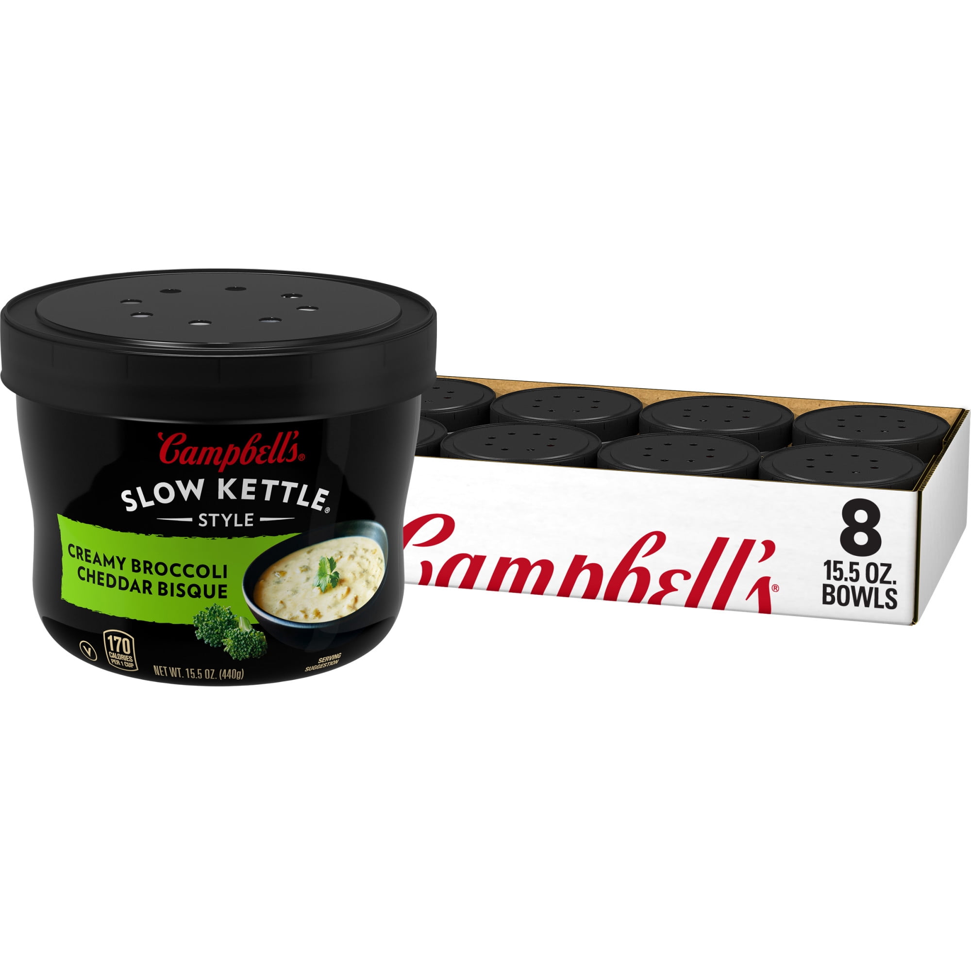 (8 pack) Campbell's Slow Kettle Style Creamy Broccoli Cheddar Bisque, 15.5 oz Microwavable Bowl