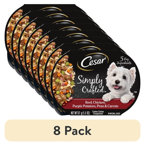 (8 pack) Cesar Simply Crafted Beef, Chicken and Vegetables Wet Dog Food Topper, 1.3 oz Tub