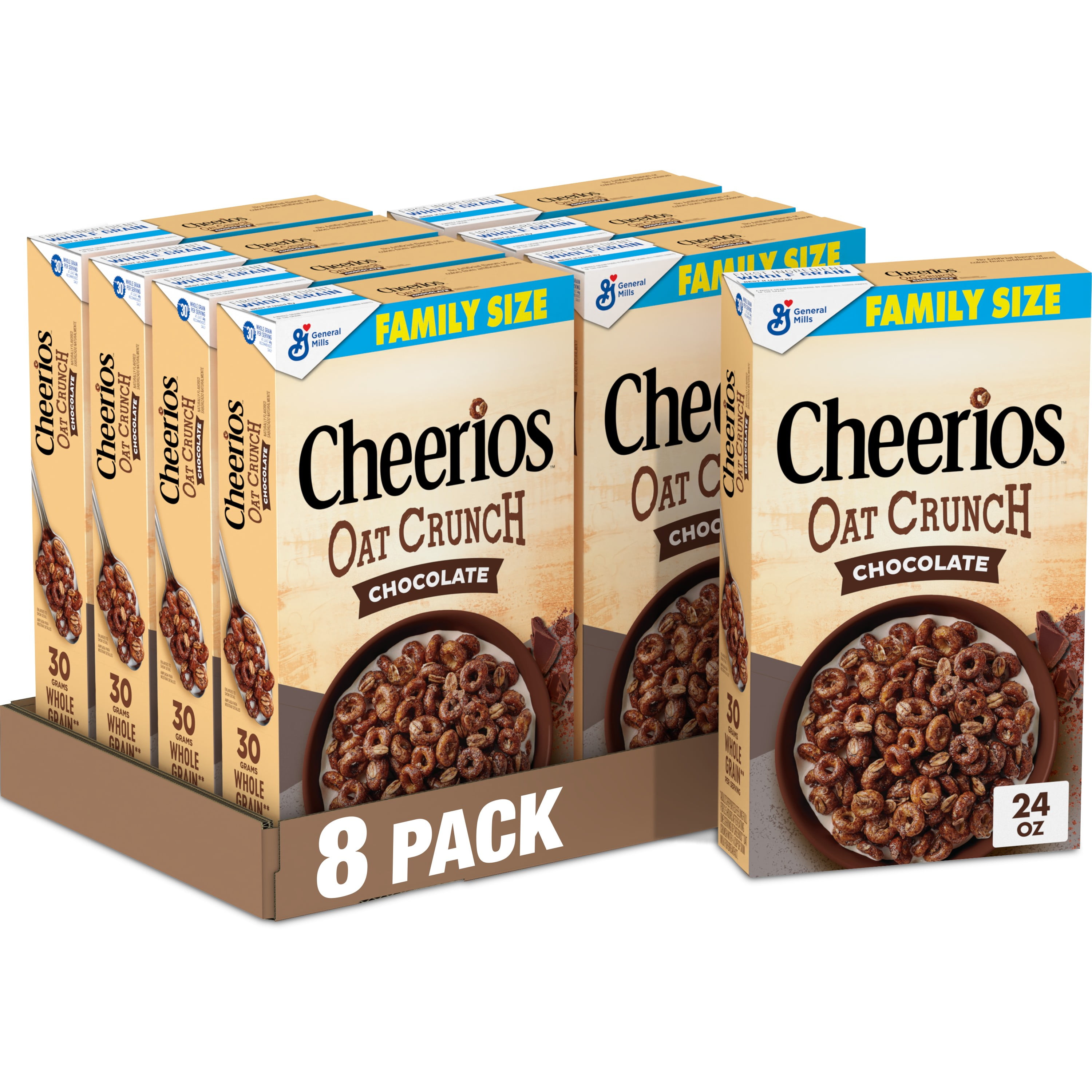 (8 pack) Cheerios Oat Crunch Chocolate Breakfast Cereal, Made with Whole Grain, Family Size, 24 oz