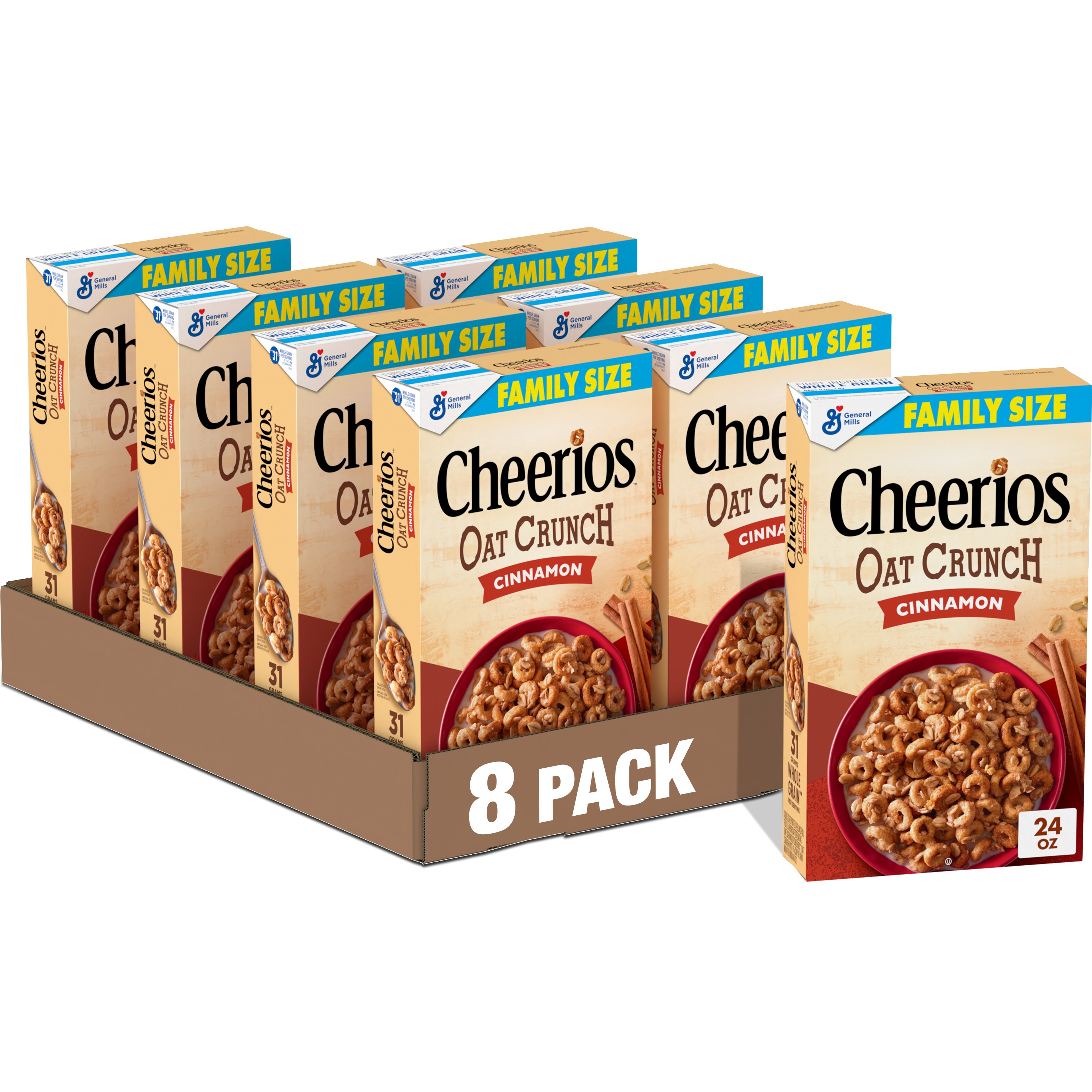 (8 pack) Cheerios Oat Crunch Cinnamon Breakfast Cereal, Made with Whole Grain, Family Size, 24 oz