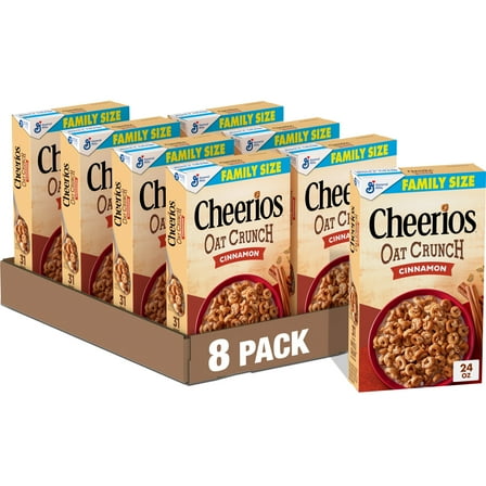 (8 pack) Cheerios Oat Crunch Cinnamon Breakfast Cereal, Made with Whole Grain, Family Size, 24 oz