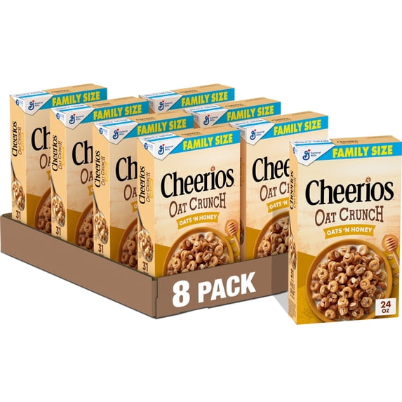 (8 pack) Cheerios Oat Crunch Oats 'N Honey Breakfast Cereal, Family Size, 24 oz
