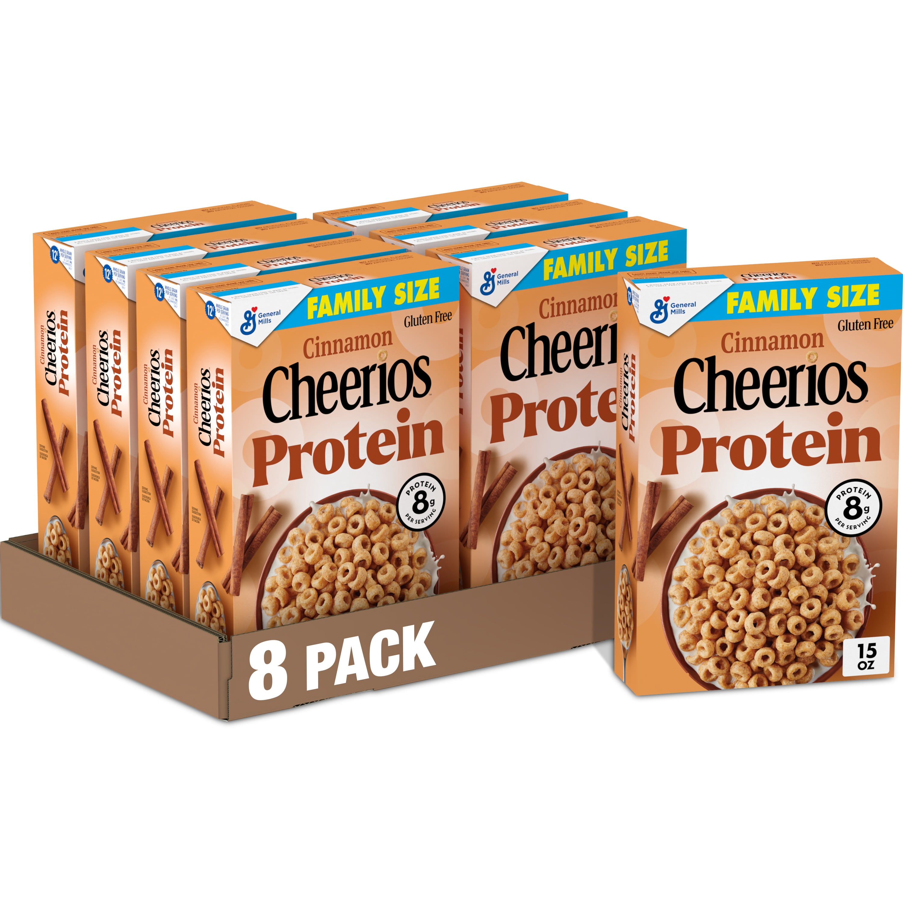 (8 pack) Cheerios Protein Cereal, Cinnamon, 8g Protein, Family Size, 15 oz