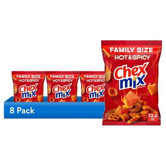 (8 pack) Chex Mix Hot and Spicy Snack Mix, Savory Snack Bag, Family Size, 13.5 oz