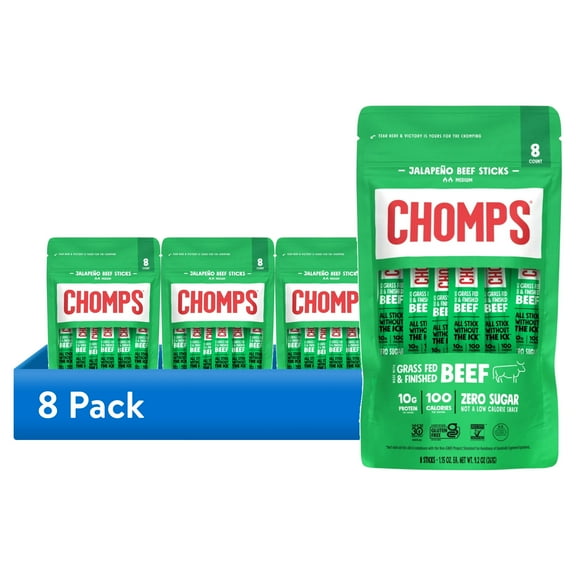 (8 pack) Chomps Grass-Fed and Finished Jalapeo Beef Jerky Snack Sticks, 10g of Protein (8 Count)