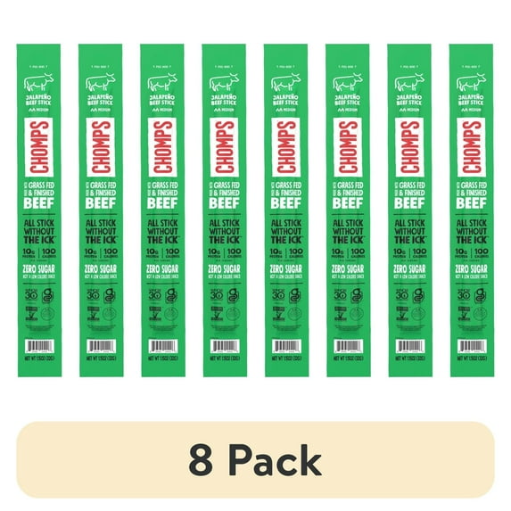 (8 pack) Chomps Grass-Fed and Finished Jalapeño Beef Meat Snack Stick, 10g of Protein