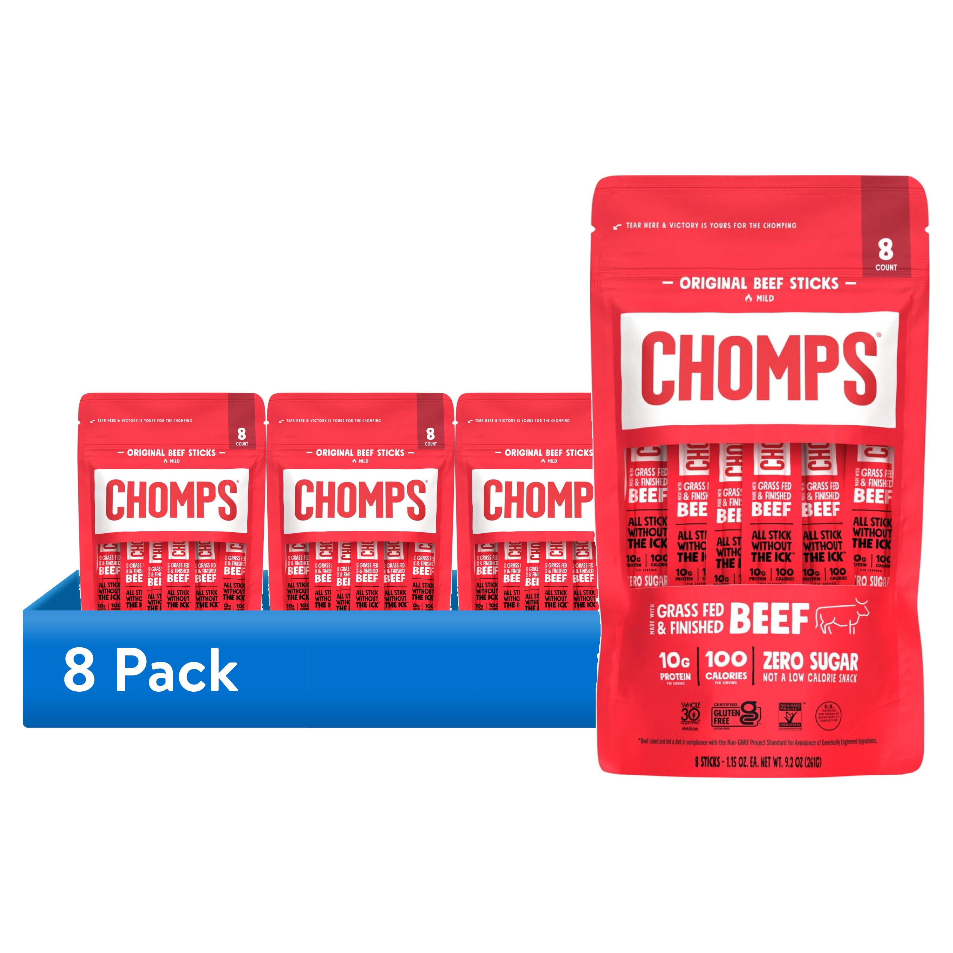 (8 pack) Chomps Grass-Fed and Finished Original Beef Jerky Meat Snack, 10g of Protein (8 Count)
