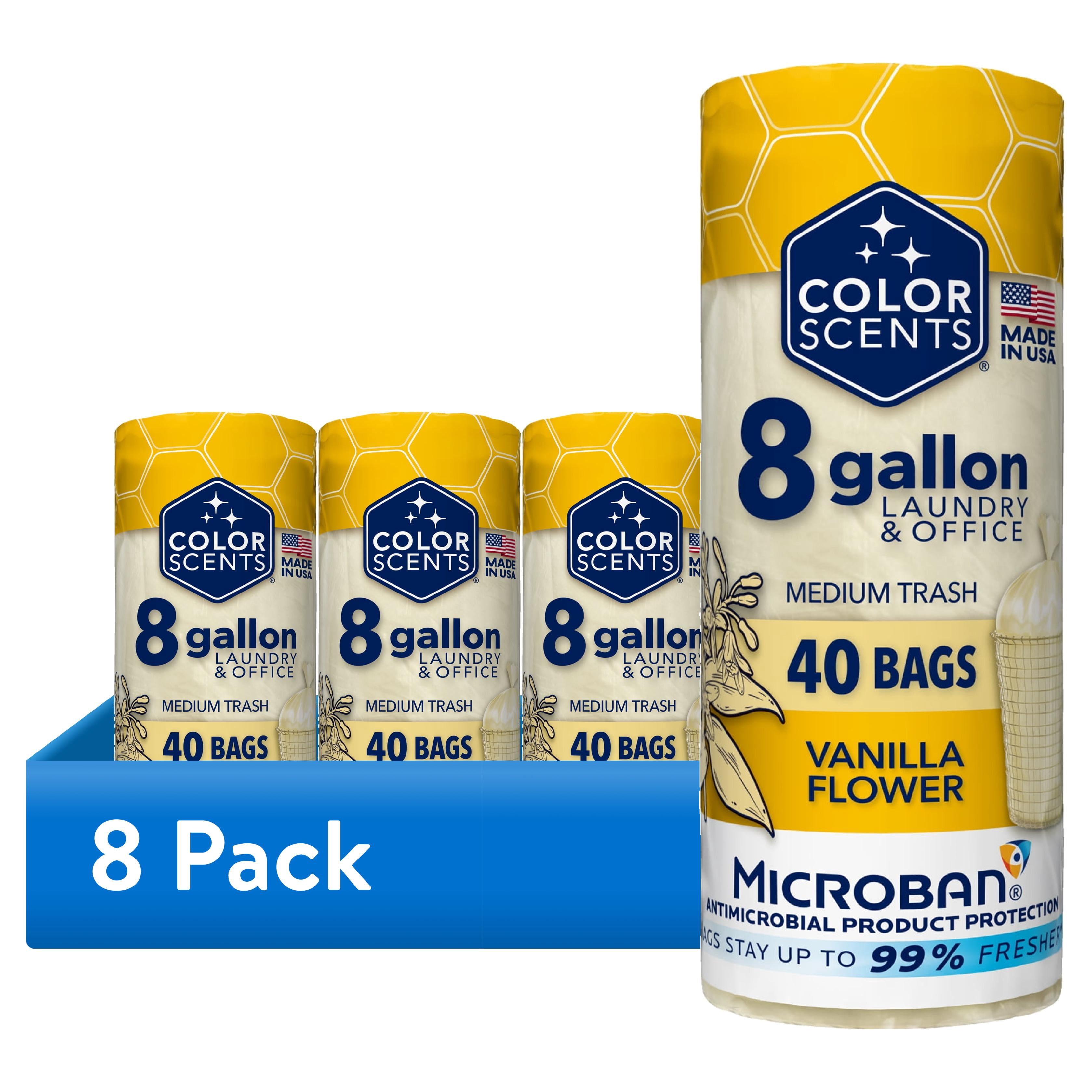 (8 pack) Color Scents 8 Gallon Laundry Room and Office Trash Bags Vanilla Flower Scent, Microban, Twist Tie, 40 Count