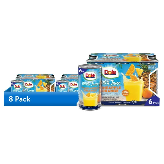 (8 pack) Dole All Natural 100% Pineapple Orange Juice, 6 fl oz, 6 Count Cans
