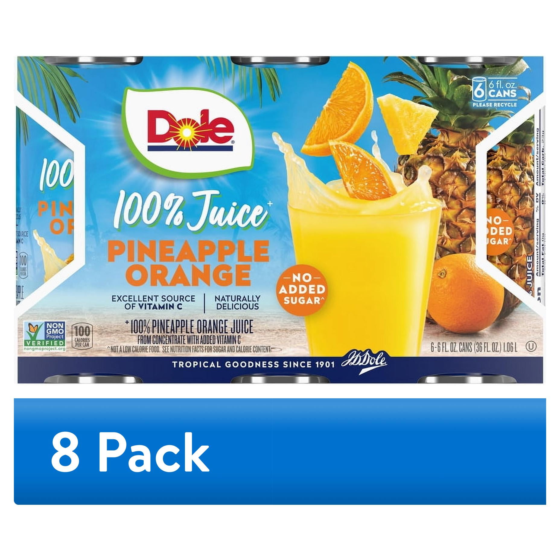 (8 pack) Dole All Natural 100% Pineapple Orange Juice, 6 fl oz, 6 Count Cans