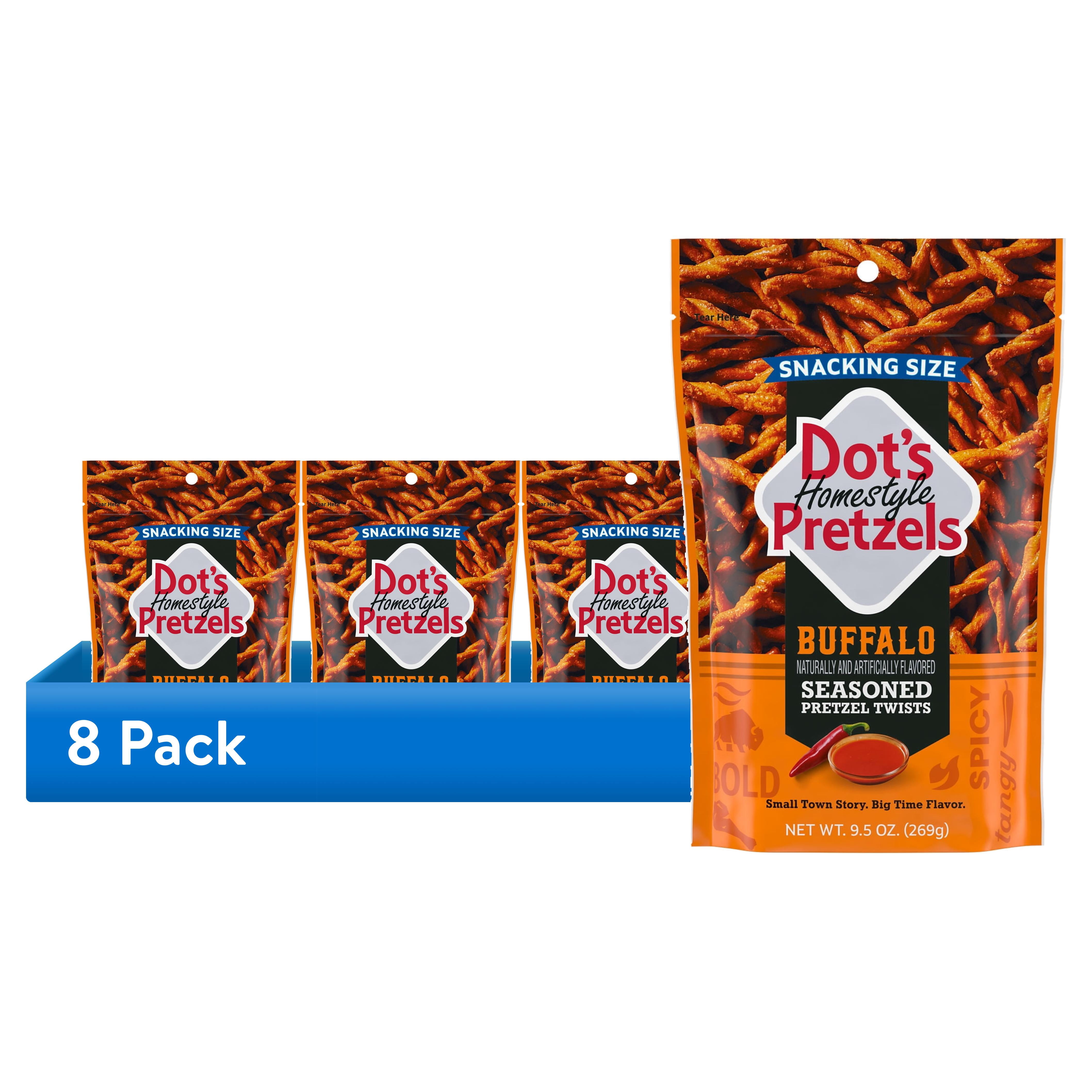 (8 pack) DOT'S Homestyle Pretzels Buffalo Flavored Snacking Size, Seasoned Pretzel Twists Bag, 9.5 oz