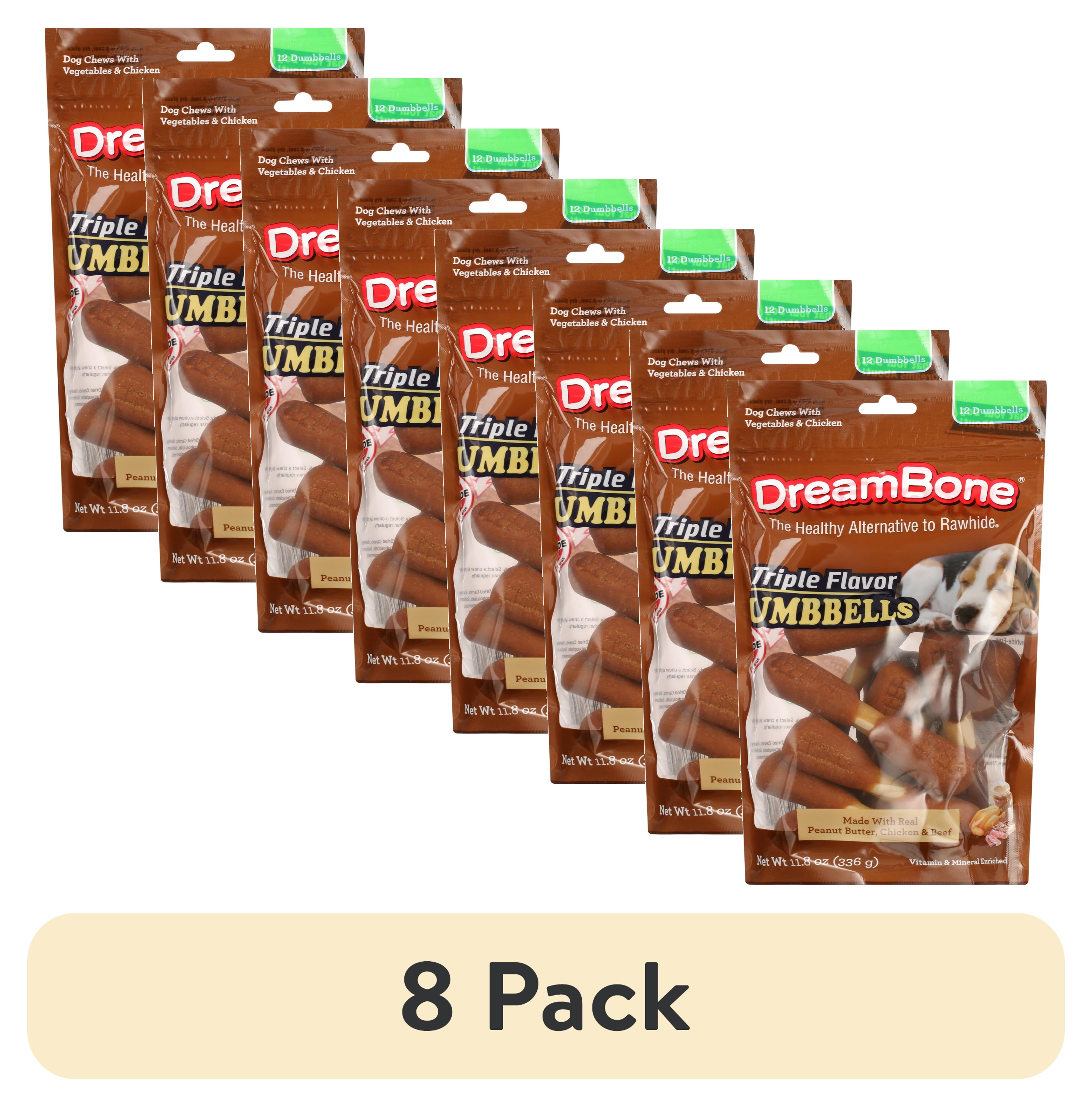 (8 pack) DreamBone Triple Flavor Dumbbells Rawhide-Free Chews for Dogs, Made with Peanut Butter, 12 Count