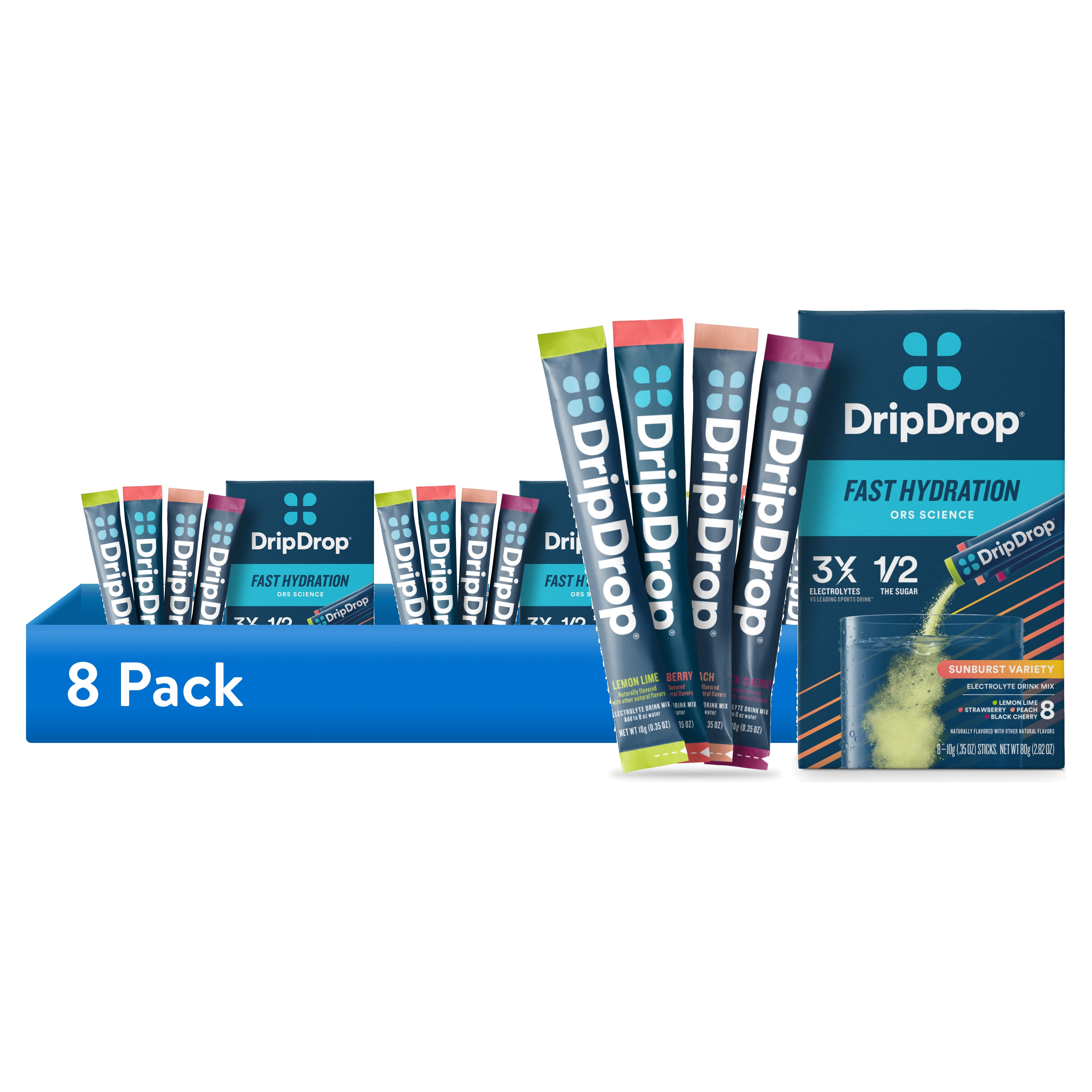 (8 pack) DripDrop Fast Hydration Sunburst Variety - Lemon Lime, Strawberry, Peach, and Black Cherry Electrolyte Powder Drink Mix, 8 Count