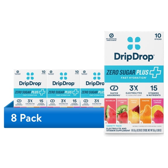 (8 pack) DripDrop Zero Sugar Fast Hydration - Sampler Variety Electrolyte Powder Drink Mix, 0.20 oz, 10 Count